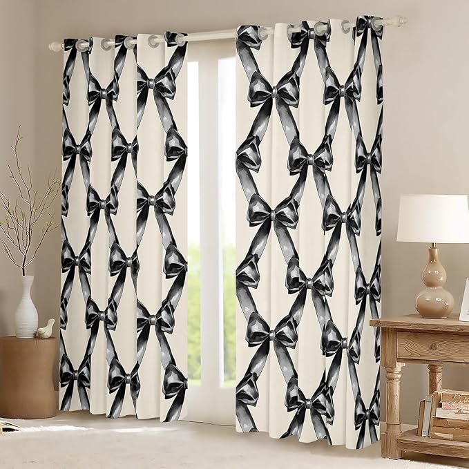 Erosebridal Black Bowknot 42" Wx63 L Window Treatments for Kids Boys Girls Bedroom Decor,Ribbon Bow Beige White Window Curtain Geometric Patchwork Bow Curtain Modern Simple Bowknot Curtains & Drapes