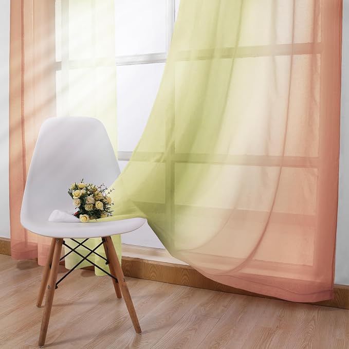 DWCN Ombre Sheer Curtains - Faux Linen Semi Voile Grommet Top Gradient Curtains for Bedroom and Living Room, Set of 2 Window Curtain Panels, 52 x 84 Inch Length（Sage Green and Pink