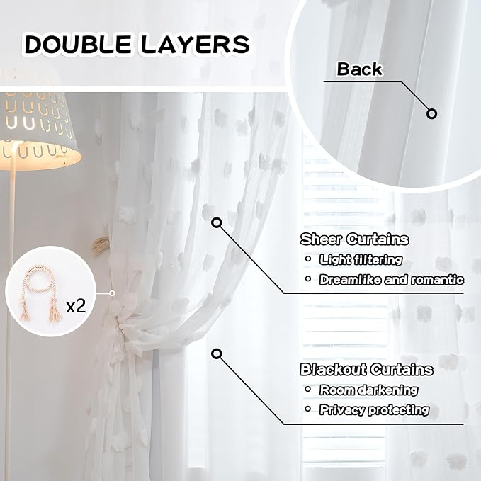 MYSKY HOME White Curtains for Bedroom 54 Inch Long Double Layer Curtains for Kids Room Kithen Pom Pom Sheer Nursery Curtains Short Grommet Room Darkening Small Window Curtains 2 Panels 52 x 54 in