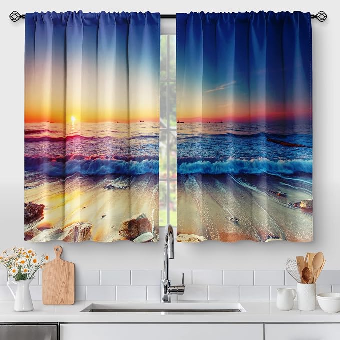 Aimego Beach Sunset Country Kitchen Curtains - Rustic Summer Ocean Short Cafe Curtains Decor for Bathroom Over Sink Tier Tropical Scenery Hawaiian Rod Pocket Window Drapes 2 Panels Set 28"x30"