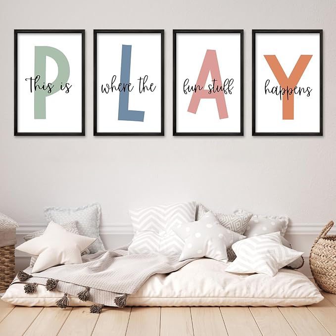 This Is Where Fun Stuff Happens Kids Playroom Wall Decor PLAY Quote Art | Motivational Prints for Nursery, Black Wood Frame, Set of 4, 16x24 Inches , Let's Play Sign for Toddler Boys, Ready to Hang