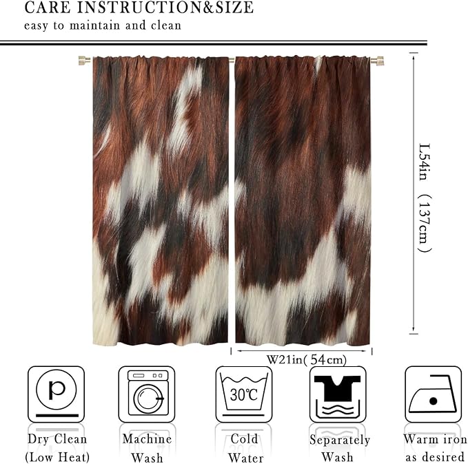 Cow Blackout Curtain,Animal Print Brown Cowhide Western Rustic Farm Farmhouse Window Treatments Rod Pocket Curtain for Bedroom Living Room Kitchen Decor Drapes 42x54in