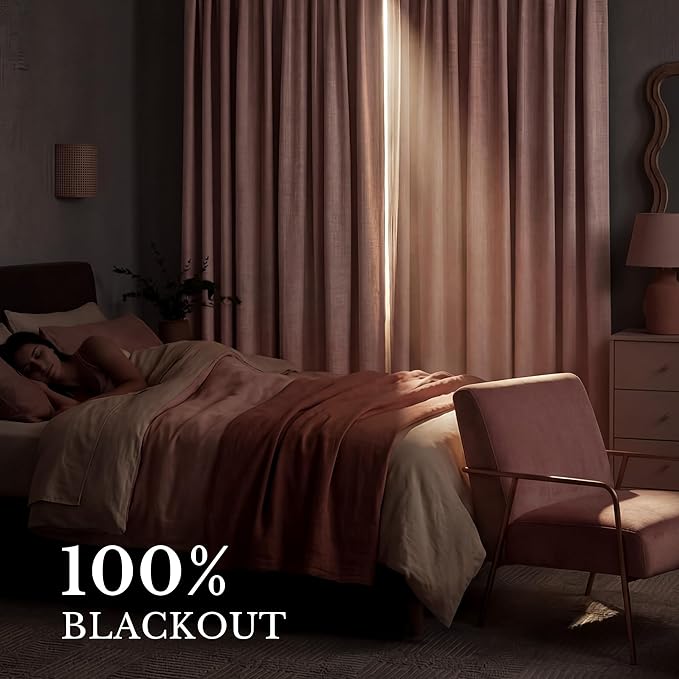 NICETOWN Full 100% Blackout Pink Linen Curtains with White Liner, Thermal Soundproof 3-in-1 Weighted Drapes Multi-Hanging Options (Hook Belt) for Nursery & Bedroom, 2 Panels, 52" W x 108" L