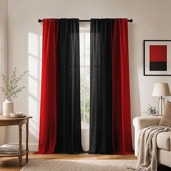Abstract Ombre Curtains 84 inches Length for Living Room,Red and Black Light Filtering Window Curtain Rod Pocket Gradient Vintage Window Drapes for Bedroom Red Curtains,2 Panels,52 inches Wide