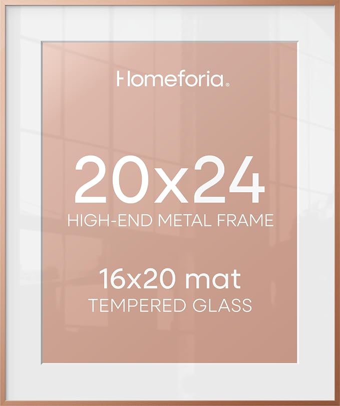 Homeforia 20x24 Frame Rose Gold, High End Metal 20x24 Poster Frames with Mat 16x20 inch Photo, 20 x 24 Rose Gold Picture Frame Matted to 16 by 20 Print, 24x20 Frame, Tempered Glass, Wall Kit, Set of 1