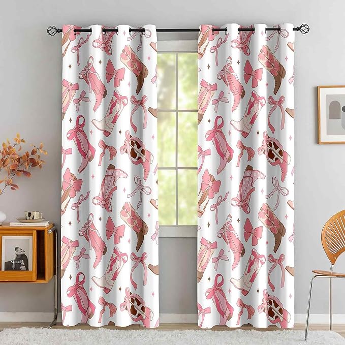 LUVIVIHOME Cowgirl Blackout Curtains, Boots Preppy Coquette Curtains for Girls Bedroom Living Room, Howdy Cute Girly Pink Western Cowgirl Room Decor, Grommet Window Drapes 2 Panel Sets, 52x84 Inch
