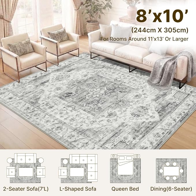 8x10 Area Rug for Living Room-Vintage Farmhouse Boho Floral Washable Stain Resistant Indoor Carpet for Bedroom Office and Home Decor(Black&Grey)