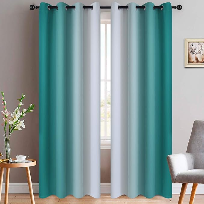 Yakamok Ombre Curtains Teal and Greyish White for Living Room,52Wx84L | Room Darkening Curtains 84,Thermal Insulated Gradient Color Drape,Light Blocking Grommet Window Curtains for Bedroom,2 Panels