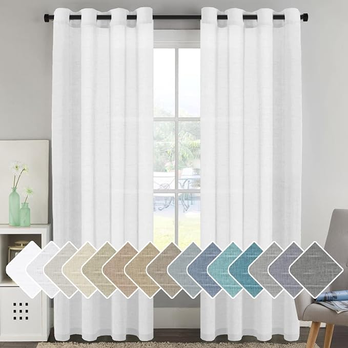 H.VERSAILTEX Linen Curtains Flax Linen Blended Curtain Panels for Living Room/Bedroom Semi Sheer Privacy Curtains 120 inch Length 2 Panels Set Nickel Grommet Window Drapes, Pure White