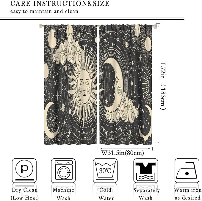 Bohemian Sun Moon Blackout Windows Curtains, Golden Sun Crescent Moon and Stars Vintage Cosmic Galaxy Printed Curtains, for Living Room Bedroom 63x72in 2 Panels