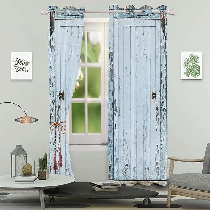 Wooden Barn Door Window Curtains Vintage Blackout Kitchen Curtains Rustic Country Farmhouse Garage Decor Light Blue Wood Planks Print Window Drapes for Living Room Bedroom,42x108 inch,2 Panels
