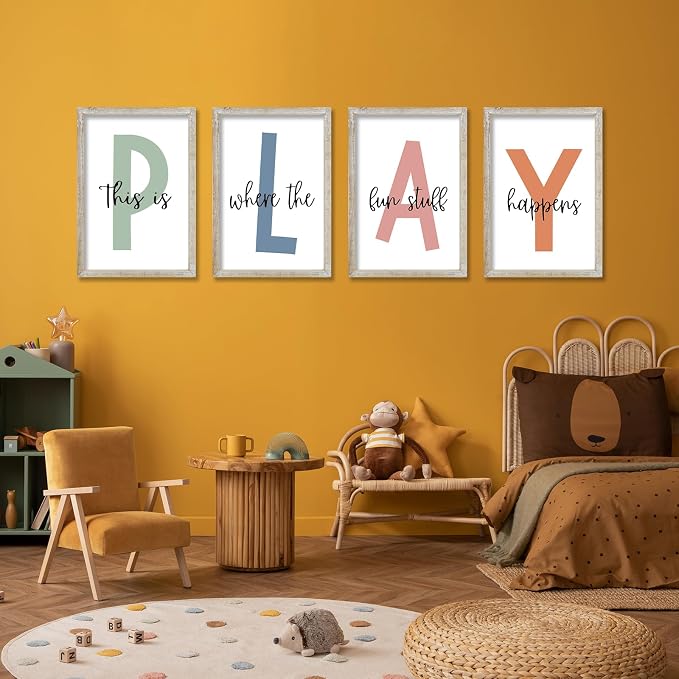 This Is Where The Fun Stuff Happens Kids Playroom Wall Art Decor 16x24 Inch Set Of 4 Rustic Kids Wood Framed Sign Toddler Modren Nursery Interesting Let's Play Prints Wall Hanging (White)