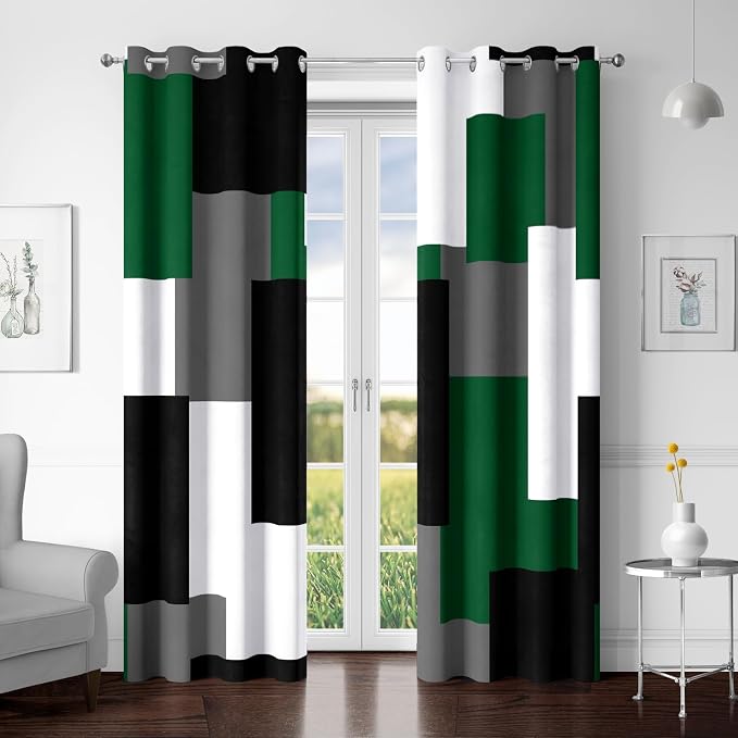 Tyrot Green 100% Blackout Curtains for Bedroom 72 inch Length 2 Panels Set White Grey Modern Abstract Geometric Black Out Curtains Insulated Room Darkening Window Drapes for Living Room, 52Wx72L