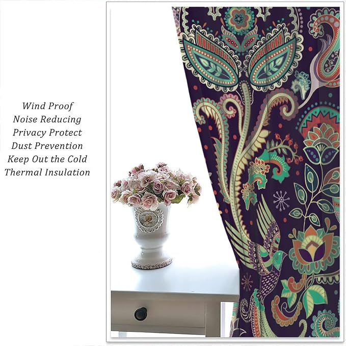Boho Curtains, Traditional Geometric Ethnic Style Beautiful Floral Pattern, Blackout Curtains Living Room Bedroom Dim Room, 2 Panel Set, 42x63 in.