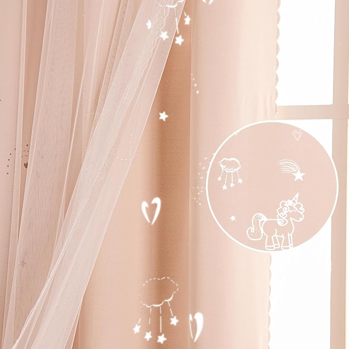 UNISTAR 2 Panels Unicorn Curtains for Kids Girls Bedroom Aesthetic Living Room Decor Double Layer Star Cut Out Baby Pink Window Wall Home Decoration,W52 x L63 Inches
