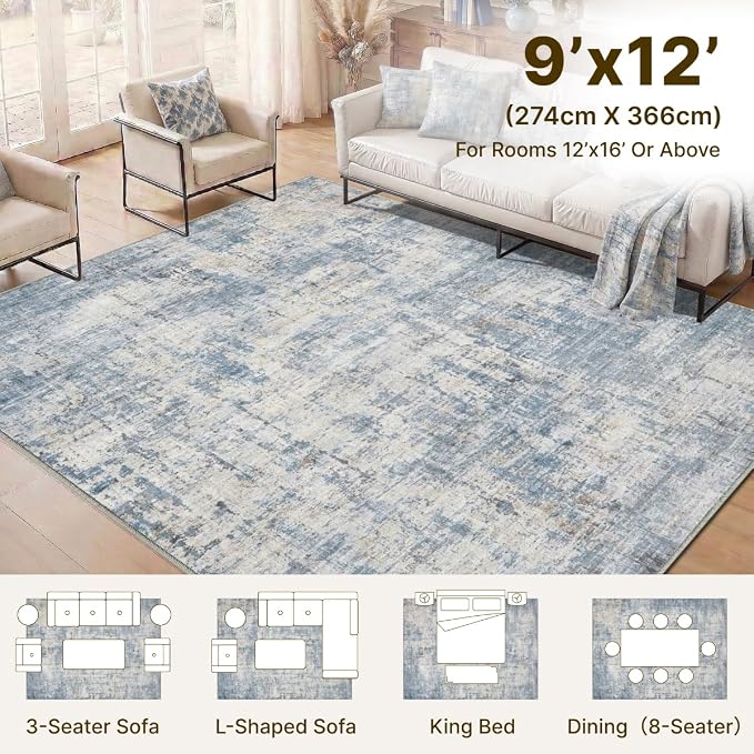 9x12 Area Rugs Washable Living Room Rug-No Slip Soft Carpets Modern Abstract Coastal Indoor Floor Stain Resistant Large Carpet for Bedroom Dining Room Farmhouse Nursery Home Office Blue