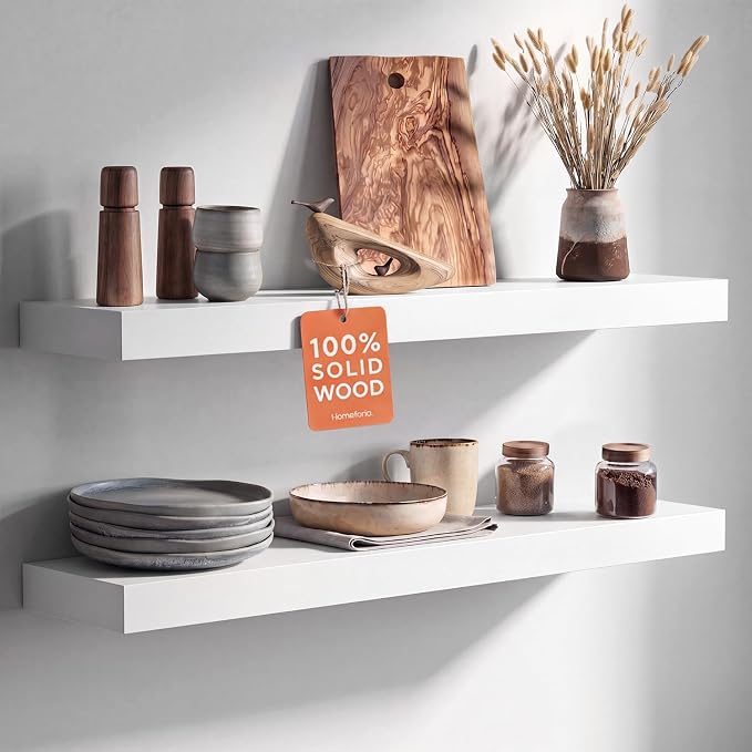 Homeforia White Floating Shelves 30 inch, High End Solid Real Wood 30inch Floating Shelf for Wall Mounted, White Wooden 30in Long Floating Shelves, Heavy Duty Bracket, 30 X 6.5 X 1.75 inches, Set of 4