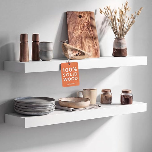 Homeforia White Floating Shelves 30 inch, High End Solid Real Wood 30inch Floating Shelf for Wall Mounted, White Wooden 30in Long Floating Shelves, Heavy Duty Bracket, 30 X 6.5 X 1.75 inches, Set of 4