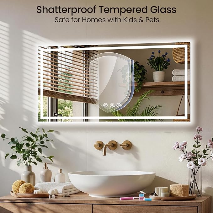 48X24 LED Bathroom Mirror with Lights, Anti-Fog, Backlit + Front Lit (CRI>90), Lighted Bathroom Vanity Mirror for Wall, Memory Function, Dimmable, Tempered Glass, Shatter-Proof