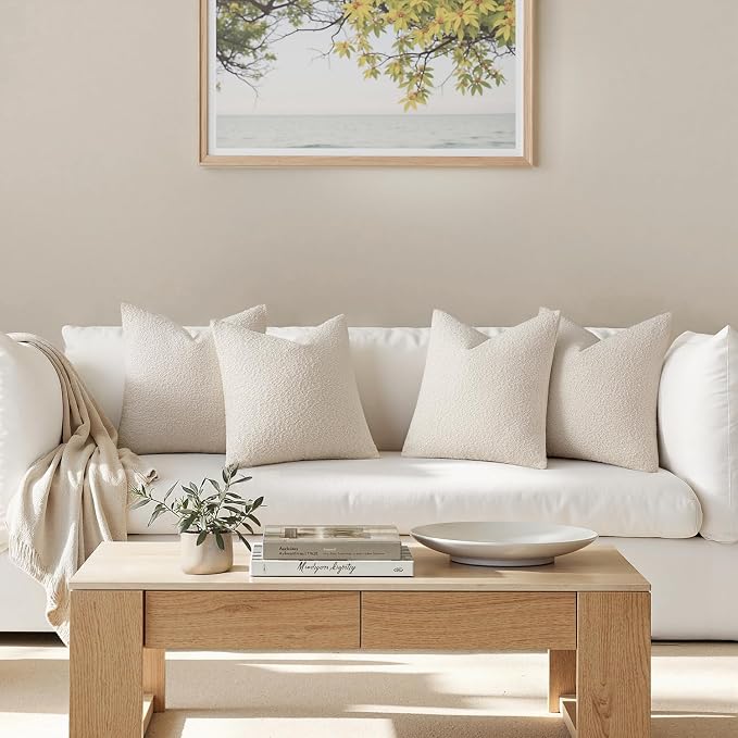 MIULEE Pack of 4 Decorative Textured Boucle Throw Pillow Covers | 18x18 Inch Beige Accent Solid Pillow Cases Soft Couch Cushion Covers for Modern Farmhouse Boho Sofa Bed Livingroom Home Decor