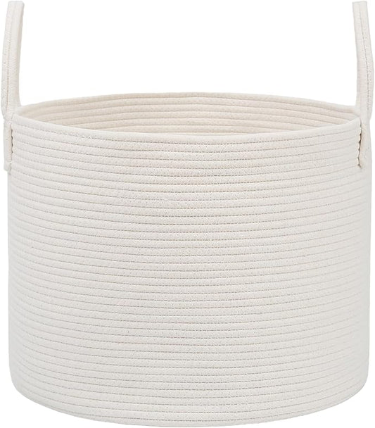 JMvicyroam 65L Extra Large Blanket Basket for Living Room - Woven Cotton Rope Laundry Hamper with Reinforced Handles - Storage Bin for Pillows, Comforters & Toys - Machine Washable,White