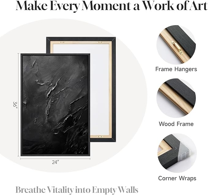 Large Framed Black Abstract Wall Art Set of 2 for Living Room, Modern Minimalist Painting Print Canvas Artwork for Walls, Contemporary Luxury Trendy Wall Decor for Bedroom Office Hallway, 24x36 Inch