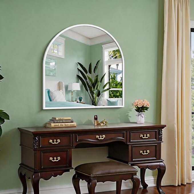 CIRCUMI Arched Wall Mirror, 30"x30" White Arched Mirror with Tempered Glass, Metal Frame, Large Size for Entryway Table, Mantel,Living Room,Over Sink,Arch Mirror for Decor,Shatterproof&Crystal-Clear