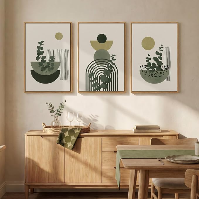 Framed Boho Botanical Wall Art for Living Room, 3 Piece Modern Green Bohemian Canvas Paintings Prints, Abstract Geometric Eucalyptus Leaf Pictures for Bedroom Dining Room Office Wall Decor, 16x24 Inch