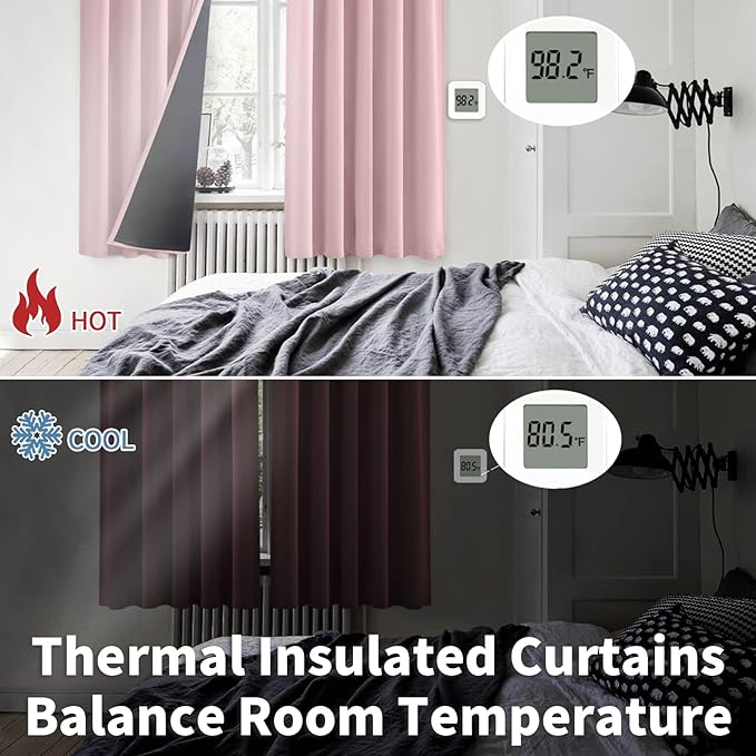 BGment Full Blackout Curtains with Thermal Insulation Liner Curtains 63 Inches Long, Rod Pocket and Back Tab Double Layer Room Darkening Window Curtain for Bedroom(52 x 63 Inch, 2 Panels, Pink)