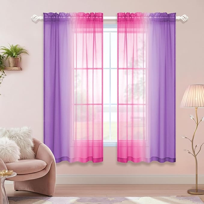 KOUFALL Pink and Purple Curtains 63 Inch Length for Girls Room Decor 2 Panels Set Kawaii Rainbow Window Sheer Ombre Lavender Lilac Teen Curtains for Bedroom Decorations