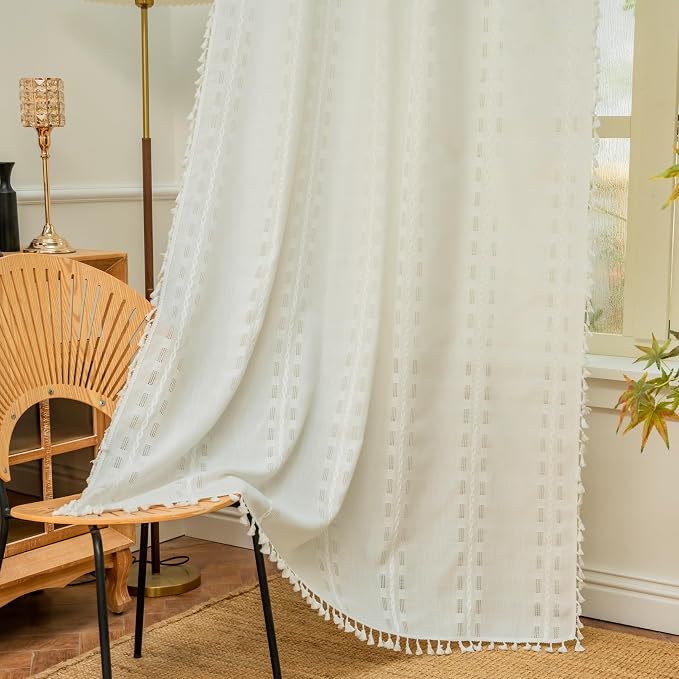 Deeprove Cream White Boho Curtain 96 inches Length for Living Room Bedroom Nursery Laundry Room, Bohemian 96 inches Long, Shabby Chic Country Rustic Embroidered Window Decor W52 x L96, 1 Panel