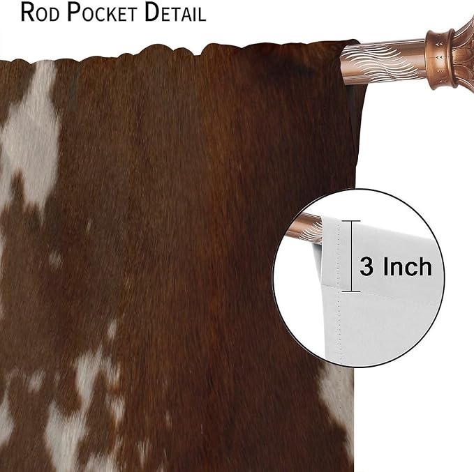 Cow Print Blackout Curtain, Animal Fur Brown Cowhide Western Farm Style Window Treatments Rod Pocket Curtain for Bedroom Living Room Kitchen Decor Drapes 42x63in