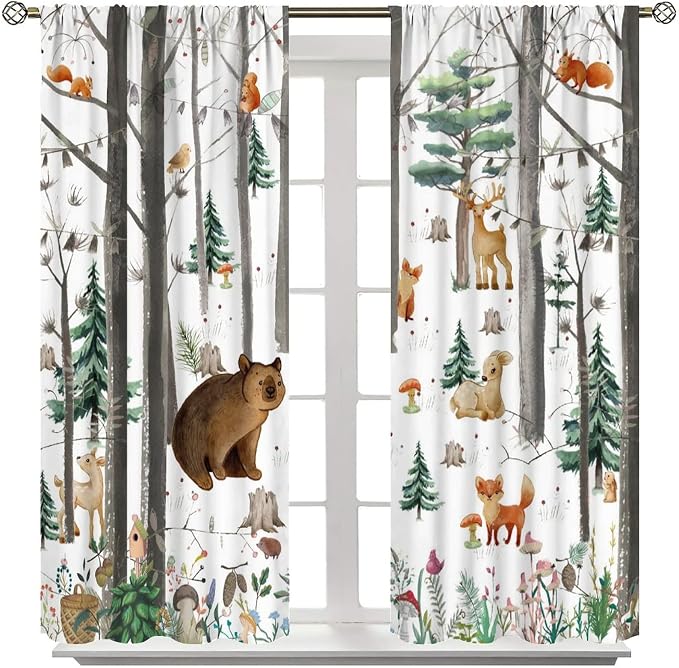 YCness Kid Forest Woodland Animal Fox Elk Bear Watercolor Print Curtains for Nursery Bedroom Living Room, Rustic Wild Animal Window Drapes 2 Panel Set, 55x63 Inch