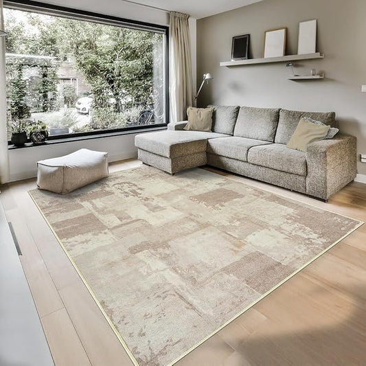GLN Rugs Contemporary Collection - Machine Washable Area Rug, Contemporary Washable, Non Slip, Low Pile Chenille Rug, Living Room, Bedroom, Kitchen Rug (8' x 10' Abstract Tan)