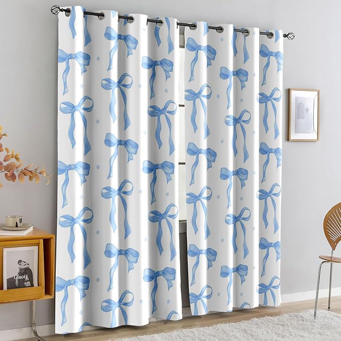 LUVIVIHOME Blue Bow Curtains, Cute Blackout Curtains for Girls Bedroom, Kids Room Decor, Aesthetic Girly Curtains, 2 Panel Sets, 42x84 Inch
