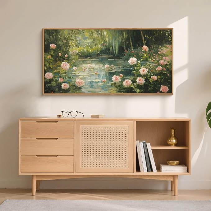 Water Lilies Monet Framed Canvas Wall Art Set,Garden Pond Impressionist Floral Wall Decor,Vintage Oil Green Vibrant Flower Botanical Artwork for Living Room, Bedroom,Farmhouse-40 x20 x1