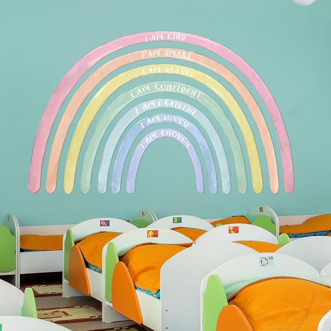 Tinideya 77" x 47'' Large Watercolor Rainbow Wall Decal with Inspirational Quote, Peel and Stick Rainbow Stickers Watercolor Vinyl Wall Mural Art for Girls Toddlers Playroom Bedroom Classroom(Pastel)