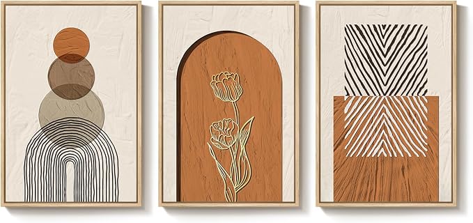 Large Framed Boho Abstract Wall Art for Living Room, 3 Piece Neutral Orange Paintings Prints Canvas Artwork for Walls, Modern Geometric Bohemian Pictures Wall Decor for Bedroom Home Office, 20x30 Inch