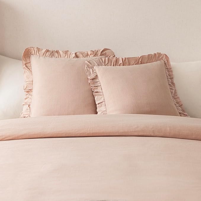 Foindtower Set of 2 Decorative Linen Fringe Ruffle Throw Pillow Covers Soft Boho Farmhouse Cushion Cover Cozy Accent Retro Pillowcase for Couch Sofa Bed Living Room Home Decor,22×22 Inch,Light Pink