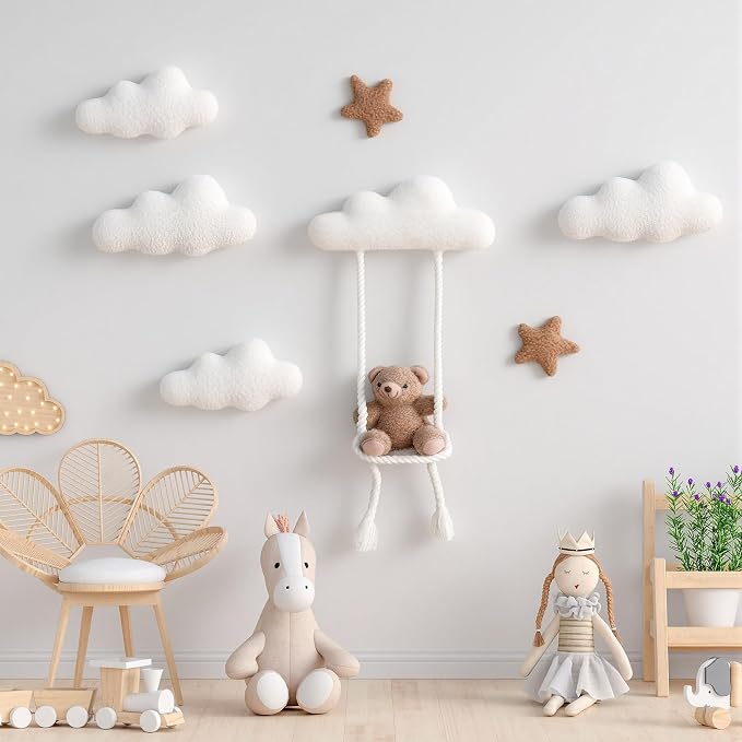 Chumia 7 Pcs Teddy Bear Nursery Wall Decor Swing Teddy Bear Nursery Wall Art with Clouds Star Soft Plush Baby Room Decor Gender Neutral for Bedroom Playroom Decoration