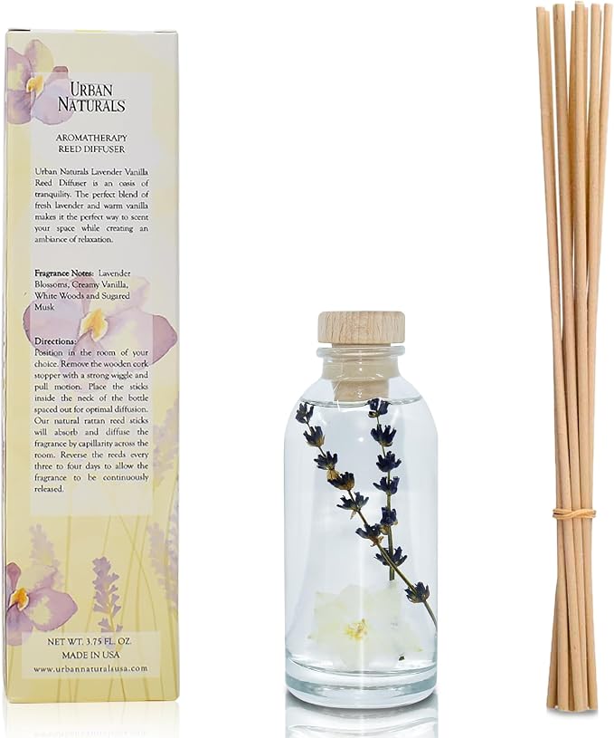 Urban Naturals Reed Diffuser Set, Lavender Vanilla - Bathroom Shelf Décor | Room Scent Infuser with Real Lavender & Natural Flowers, Soothing Scent Makes a Great Housewarming Gift