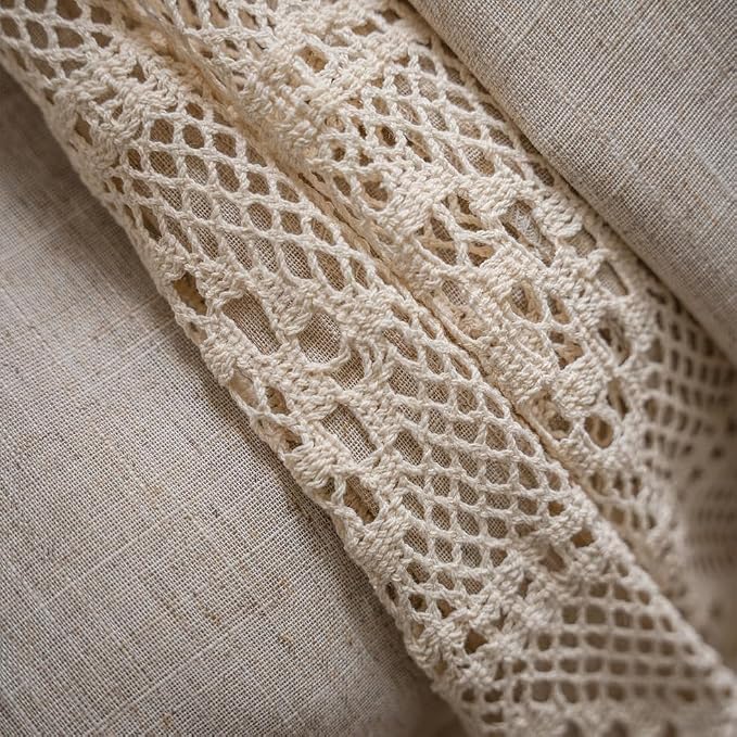 OYX Boho Curtains Crochet Lace Patchwork Semi-Blackout Bohemian Handmade Tassels, Rod Pocket Window Treatment Vintage Rustic Farmhouse Drapes for Living Bedroom, 2 Panel 52" W x 96" L, Beige
