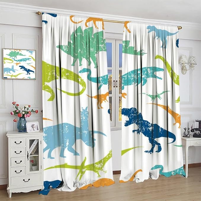 YCness Dinosaur Curtains for Boys Girls Children Nursery Room Decor Cartoon Dino Cute Wildlife Animal Theme Art Printed Window Drapes Decor Fabric Set 2 Panel 72x63 Inch 80% Shading Rate