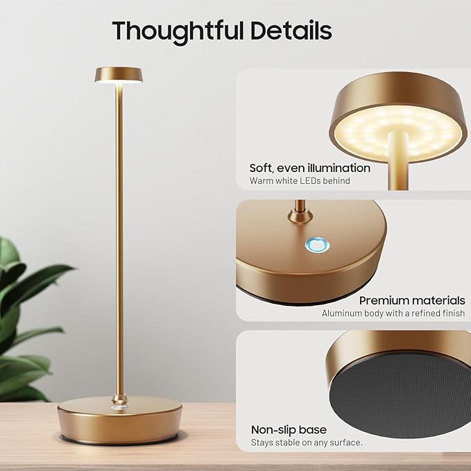 Cordless LED Table Lamp，Rechargeable Battery Desk Lamps, 3 Color Stepless Dimmable Metal Battery Table Lamps, Portable Table Light for Indoor/Outdoor/Restaurants/Bedroom/Bar