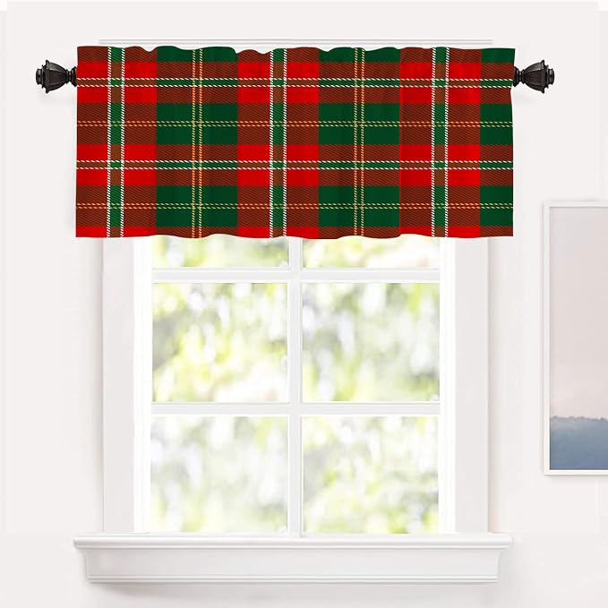 Shrahala Red Green Checkered Blackout Short Curtains for Windows, Red Green Black Yellow Check Plaid Kitchen Valance Thermal Insulated Rod Pocket Window Treatment for Bathroom 52 X 18 in