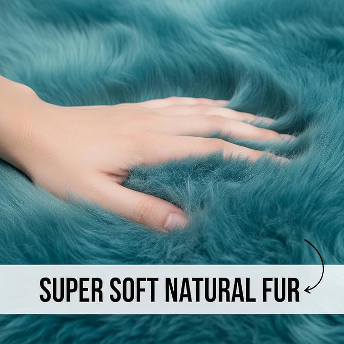 Beach Blue Genuine Sheepskin Rug 2x3 ft, Real Fluffy Single Pelt Fur Accent Rug for Chair, Seat Cover, Nursery & Home Decor, Natural & Soft Shaggy Throw