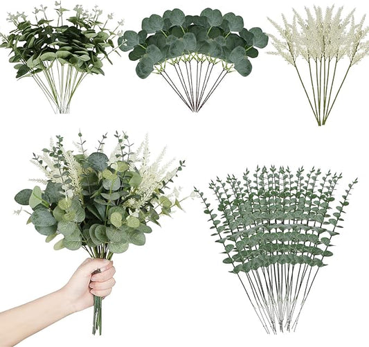 Coreland Artificial Eucalyptus Leaves Stems 120 Pcs 4 Kinds Mixed Fake Silver Dollar Eucalyptus Leaves Stem Bulk Faux Leaf for DIY Bouquets Floral Arrangement Wedding Home Decor