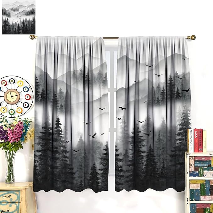 Forest Blackout Curtains for Kitchen Farm Retro Countryside Gray Nature Mist Watercolor Forest Mountains Trees Theme Print Windows Treatments for Boys Girls Bedroom Living Room 55x63in