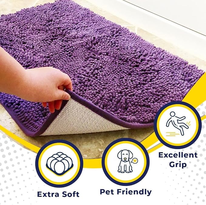 Muddy Mat® | Super Water Absorbent Door Mat Indoor, Microfiber Quick Dry Chenille Entryway Rug, Slip Resistant Front Door Mat, Indoor Mats for Entryway, Machine Washable Pet Rug, Purple 16"x24"