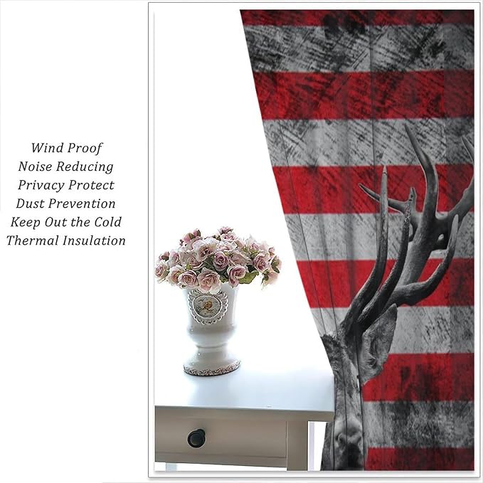 American Flag Curtains,Vintage Farmhouse Wildlife Elk Hunter Rural Style Drape for Bedroom Living Room Window Treatment 2 Panels Set Total Size 63" W X 63" L Inch